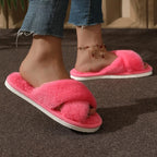 Plush Crossband Slippers with Cushioned Sole and Anti-Slip Base