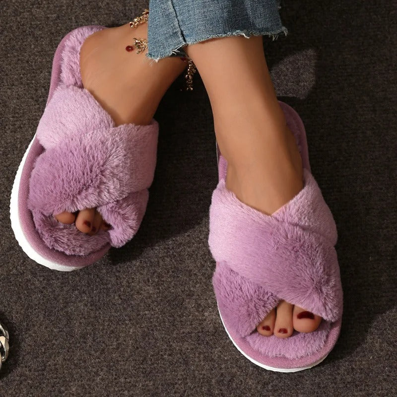 Plush Crossband Slippers with Cushioned Sole and Anti-Slip Base