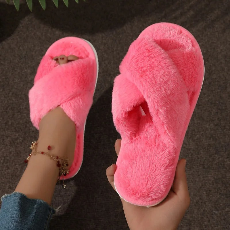 Plush Crossband Slippers with Cushioned Sole and Anti-Slip Base