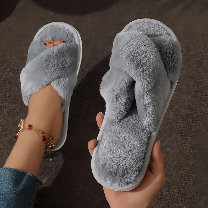 Plush Crossband Slippers with Cushioned Sole and Anti-Slip Base
