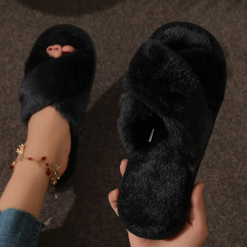 Plush Crossband Slippers with Cushioned Sole and Anti-Slip Base