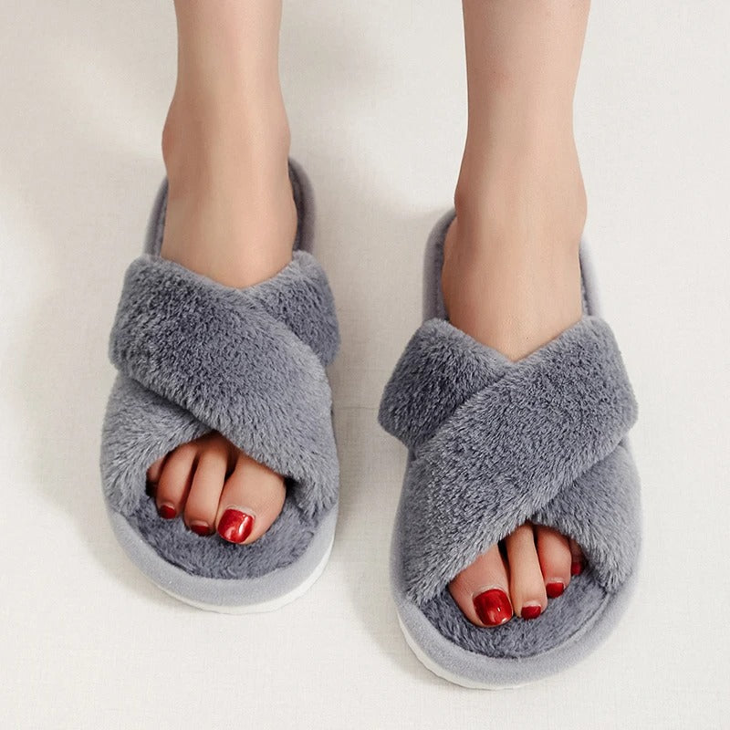 Plush Crossband Slippers with Cushioned Sole and Anti-Slip Base