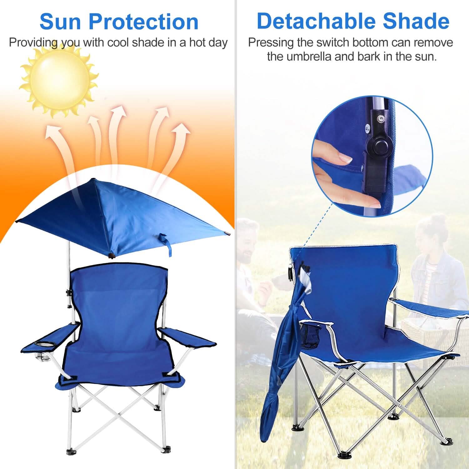 Foldable Beach Chair with Detachable Armrest Adjustable Canopy Stool with Cup Holder