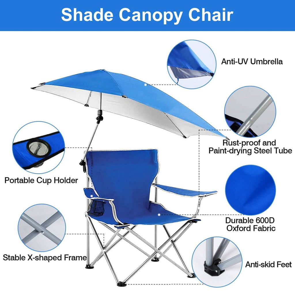 Foldable Beach Chair with Detachable Armrest Adjustable Canopy Stool with Cup Holder