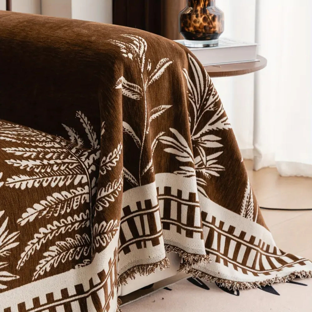Botanical Leaf Pattern Chenille Throw for Furniture