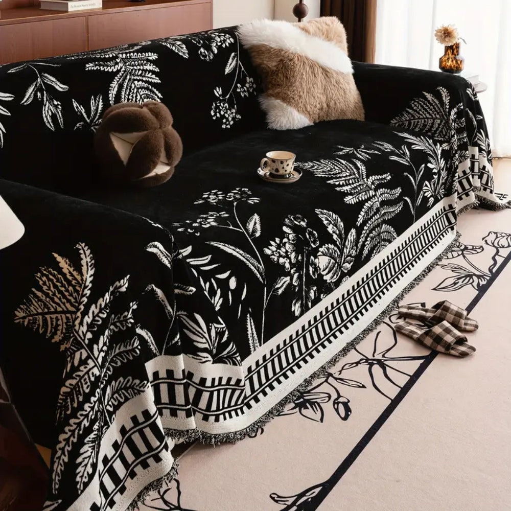 Botanical Leaf Pattern Chenille Throw for Furniture