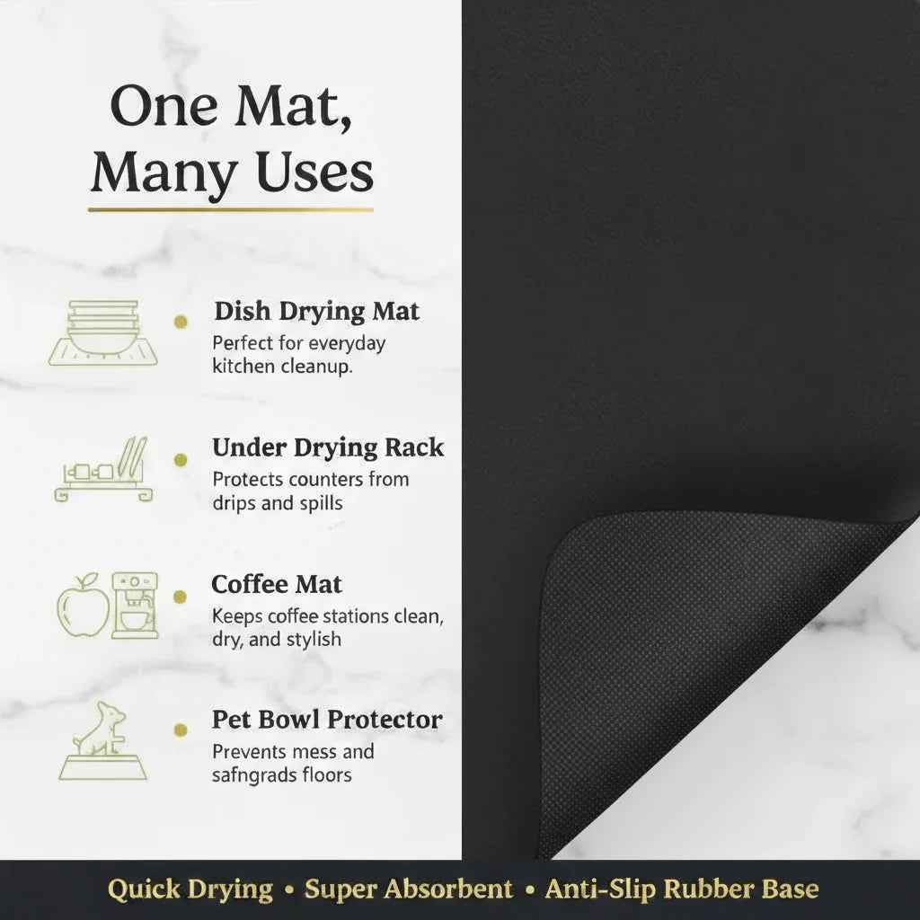 Black Dish Drying Mat — Super Absorbent, Non-Slip | Strabella