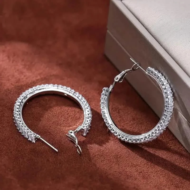 Full Rectangular Shiny Synthetic Zirconia Decorative Hoop Earrings