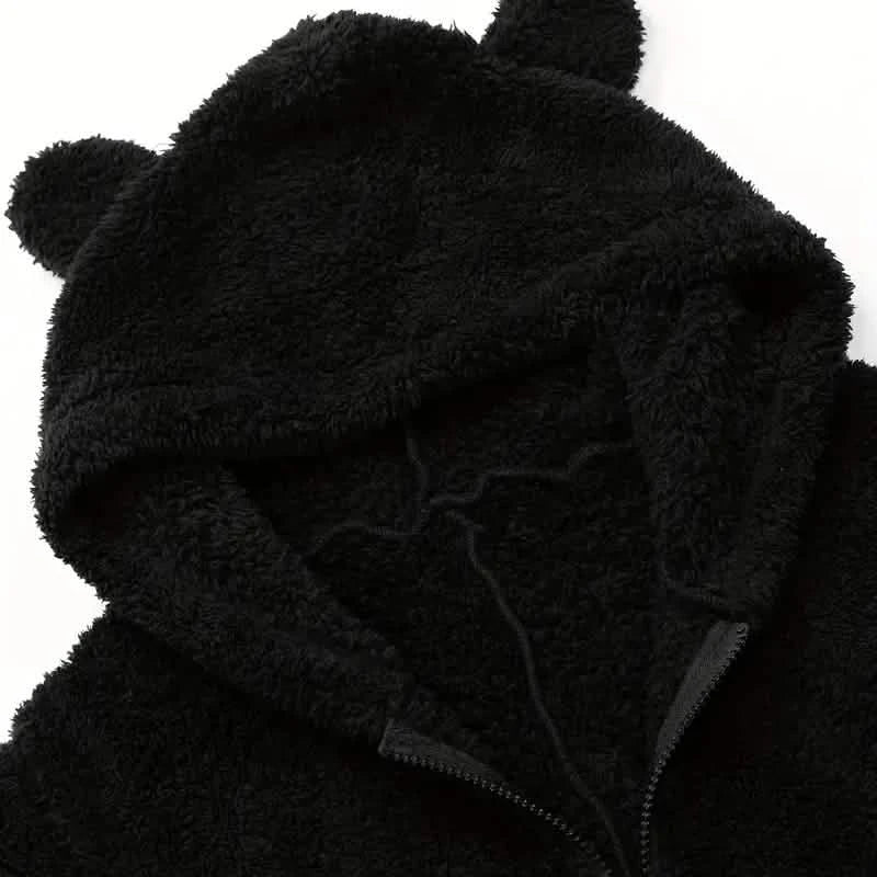 Fuzzy Hooded Pajama Jumpsuit For Music Festival, Long Sleeve Zipper Lingerie & Sleepwear