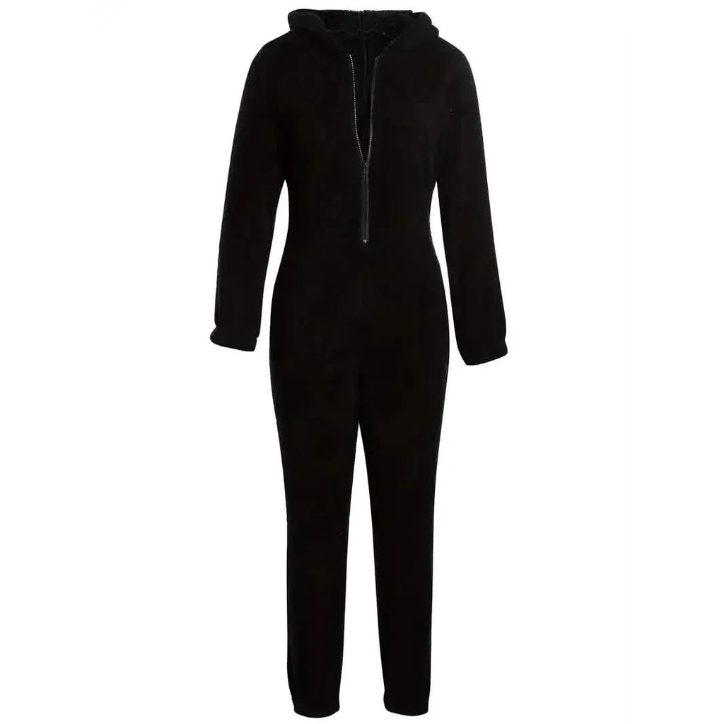 Fuzzy Hooded Pajama Jumpsuit For Music Festival, Long Sleeve Zipper Lingerie & Sleepwear