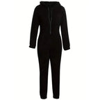 Fuzzy Hooded Pajama Jumpsuit For Music Festival, Long Sleeve Zipper Lingerie & Sleepwear