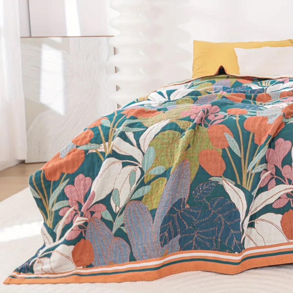 Botanical Print Cotton Gauze Throw Blanket