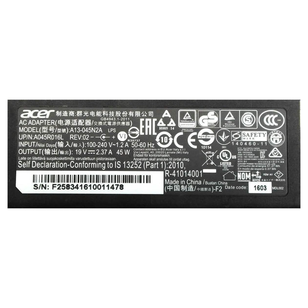 Acer Genuine Laptop Charger AC Power Adapter A13-045N2A A045R016L 3.0mm Tip 45W
