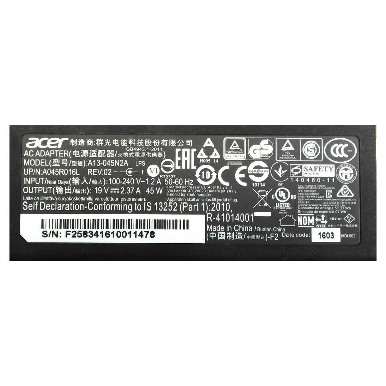 Acer Genuine Laptop Charger AC Power Adapter A13-045N2A A045R016L 3.0mm Tip 45W