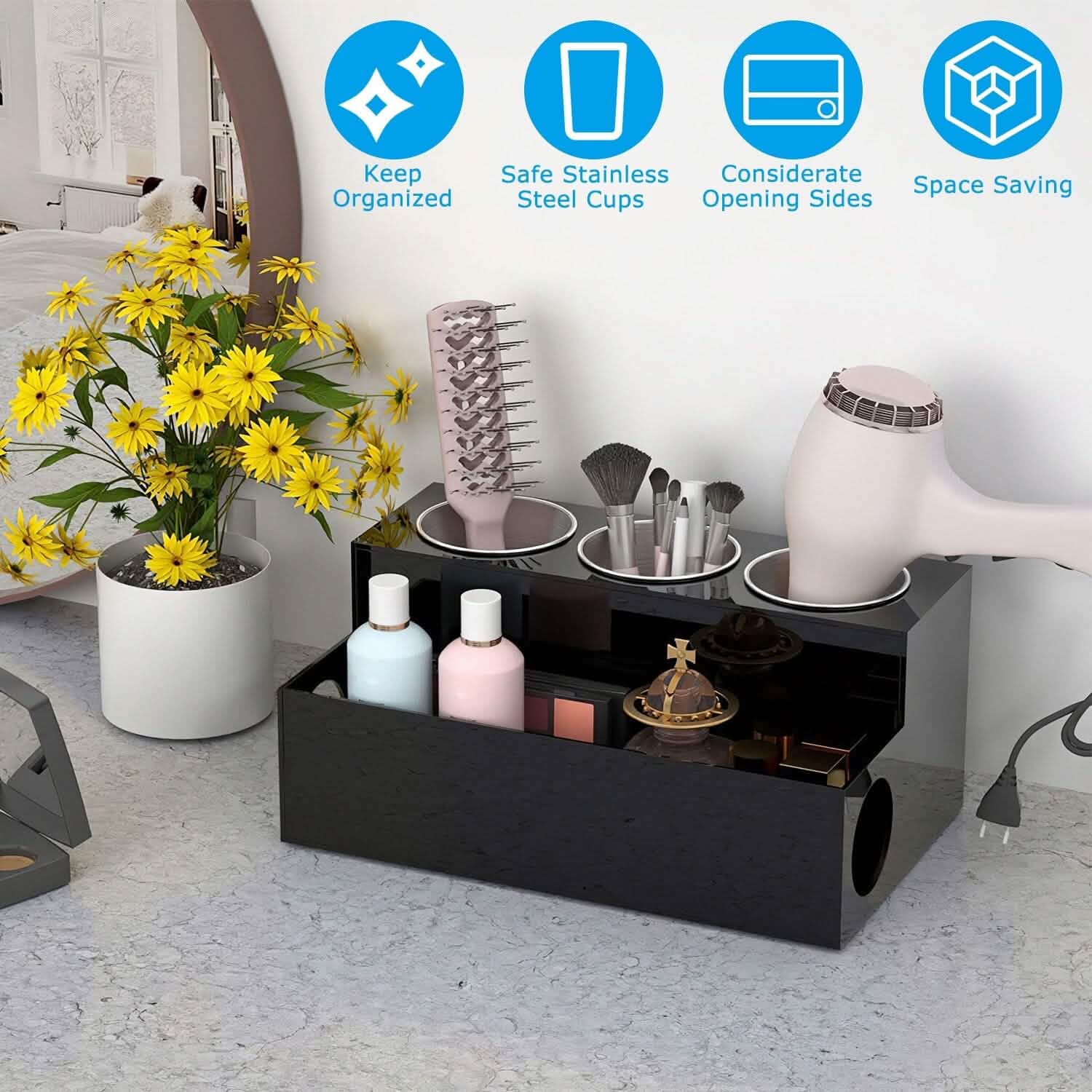 Hair Dryer Organizer with 3 Stainless Steel Cups