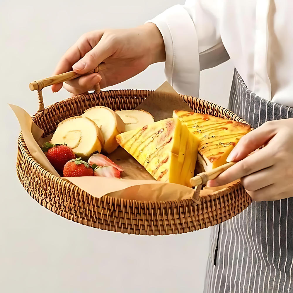 Woven Rattan Round Tray with Handles