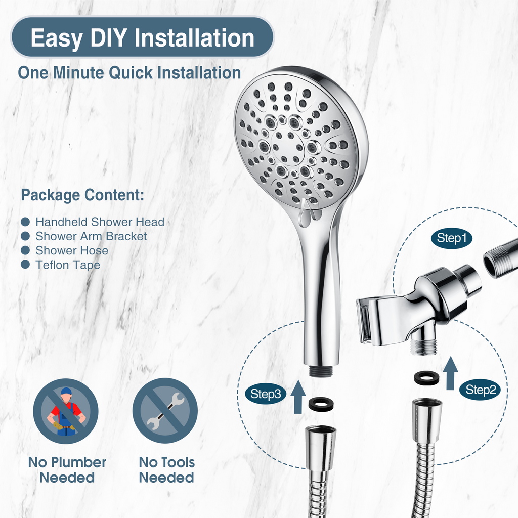 Handheld Shower Head, 9-Spray Showerhead with 69" Hose, Bracket