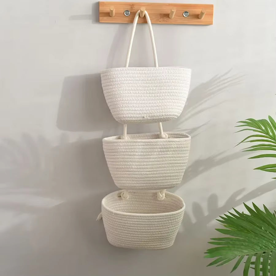 Hanging Basket Organizer with 3 Compartments and Door Hook for Vertical Storage