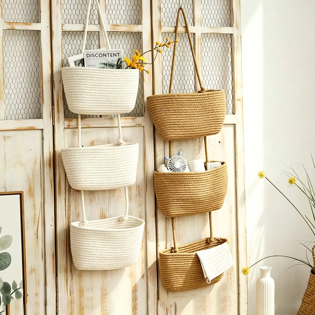 Hanging Basket Organizer with 3 Compartments and Door Hook for Vertical Storage