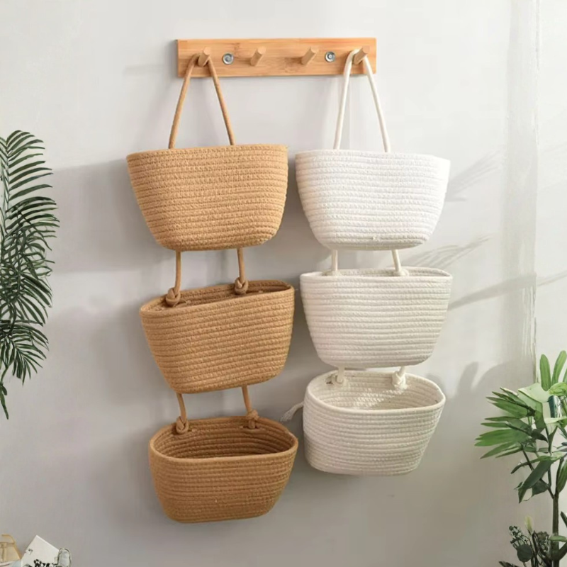 Hanging Basket Organizer with 3 Compartments and Door Hook for Vertical Storage