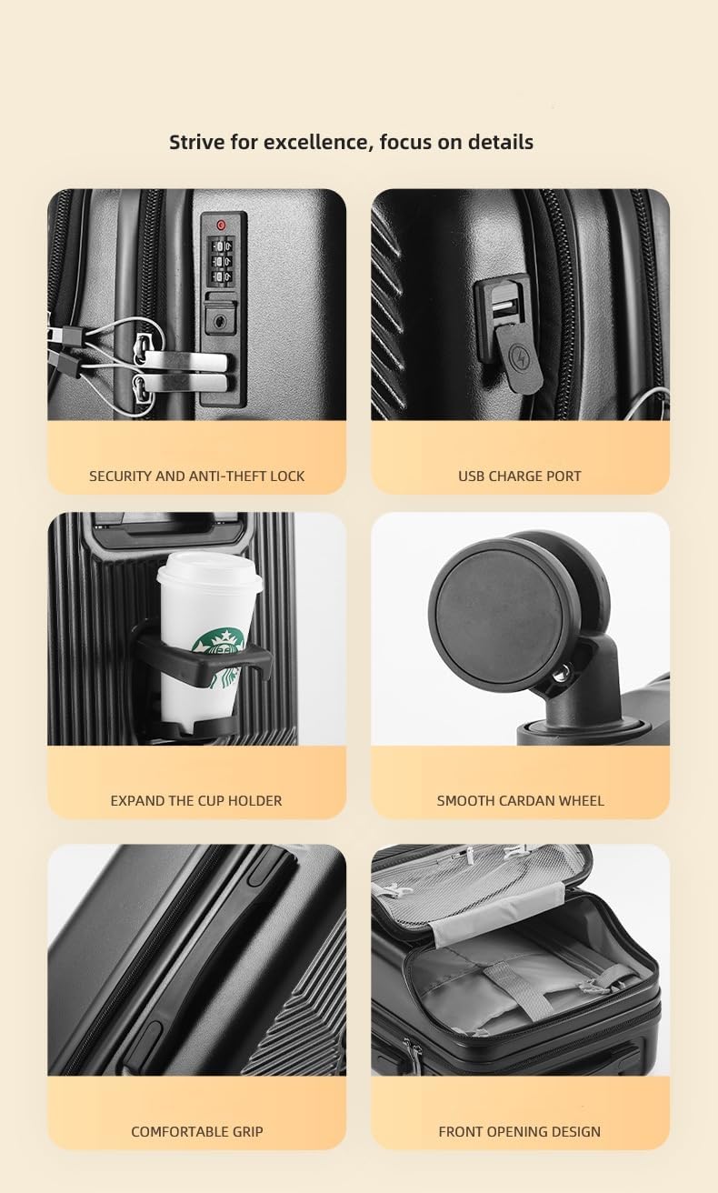 Carry-On Luggage with Drink Holder, USB, and TSA Lock