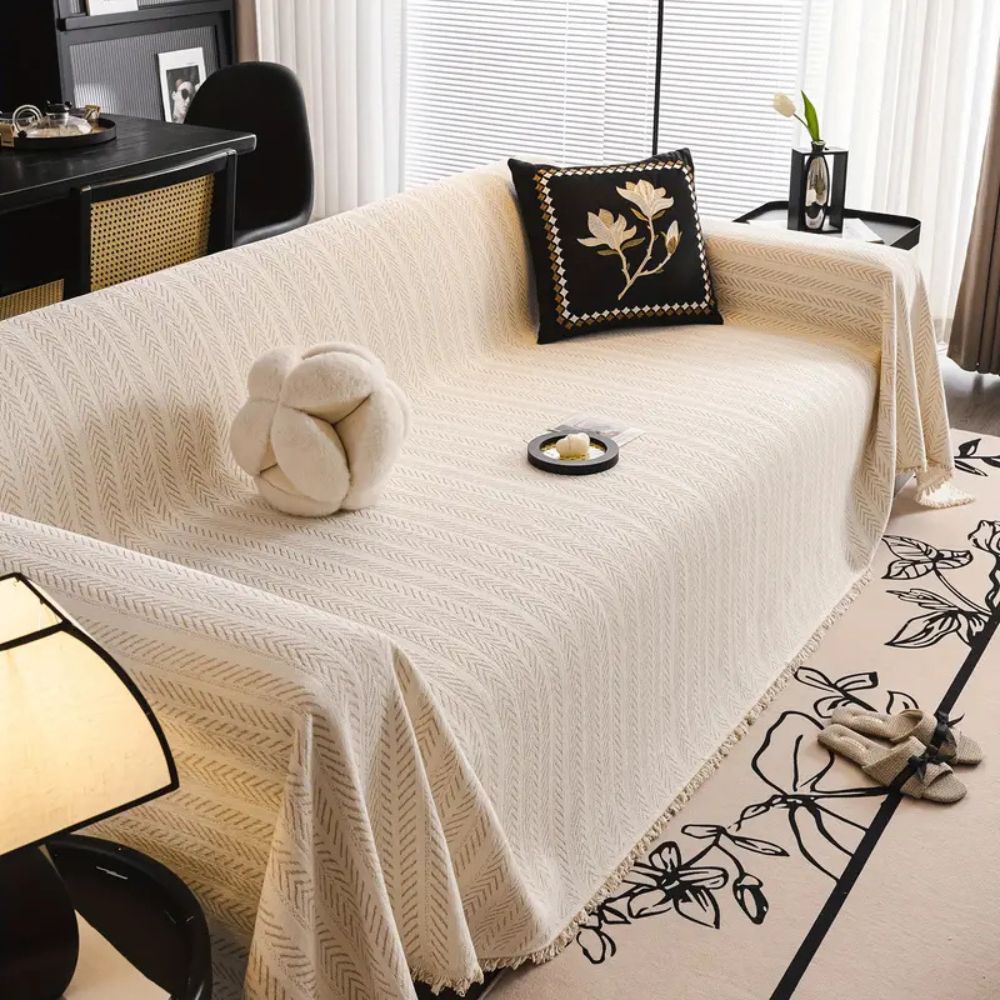 Herringbone Chenille Throw with Tassels for Furniture