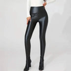 High Waisted Faux PU Leather Plush Lined Elastic Slim Leggings