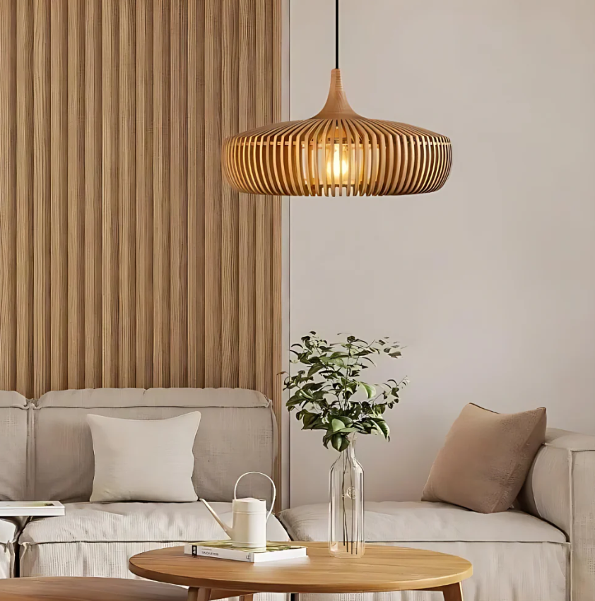 Solid Wood Slatted Pendant Light - Japandi Style