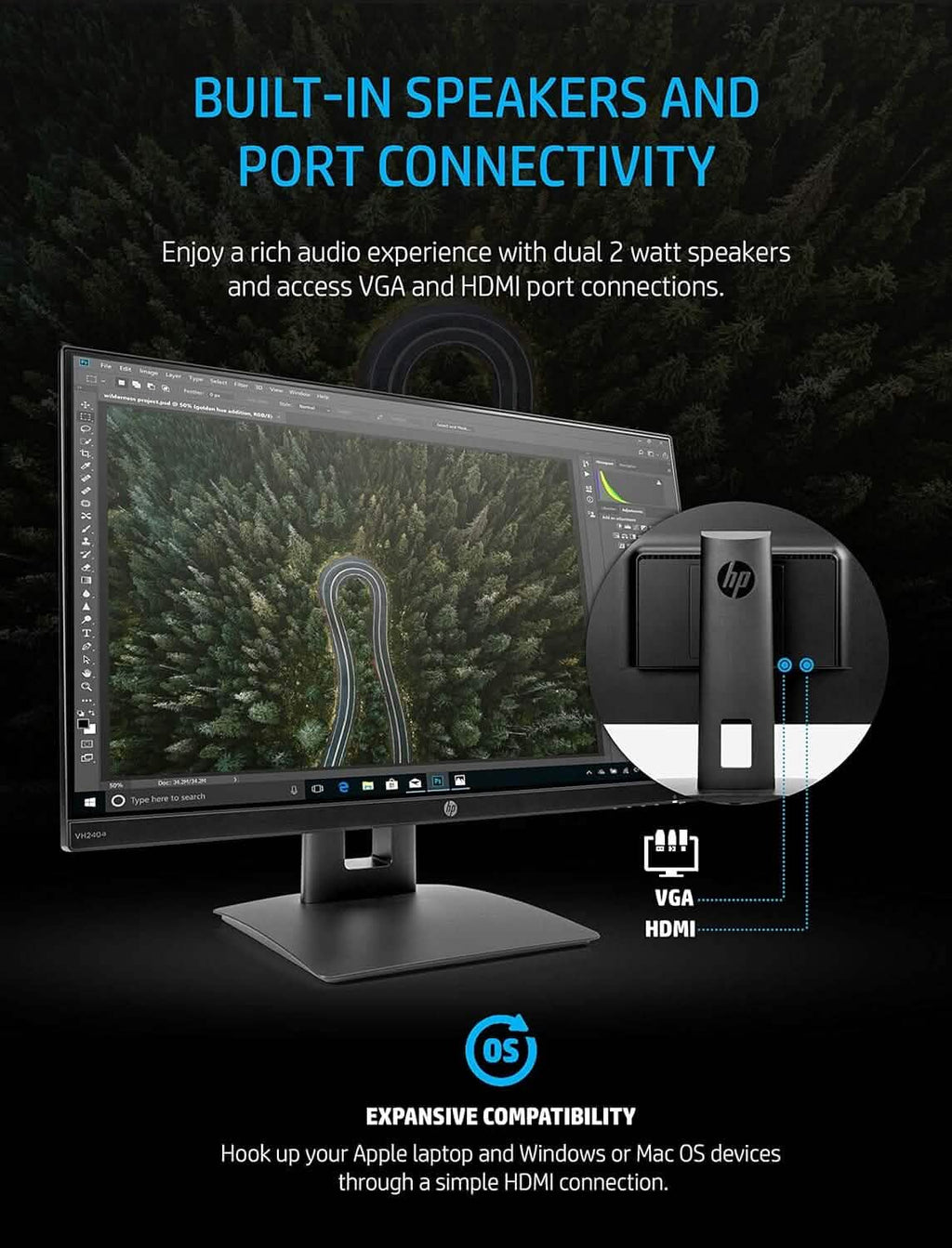 HP 23.8” VH240a IPS FHD LED Monitor HDMI VGA Speakers (Refurbished)