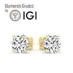 IGI,F/VS1 ,2 CT Solitaire Lab-Grown Round Diamond Studs Earring, 18K Yellow Gold
