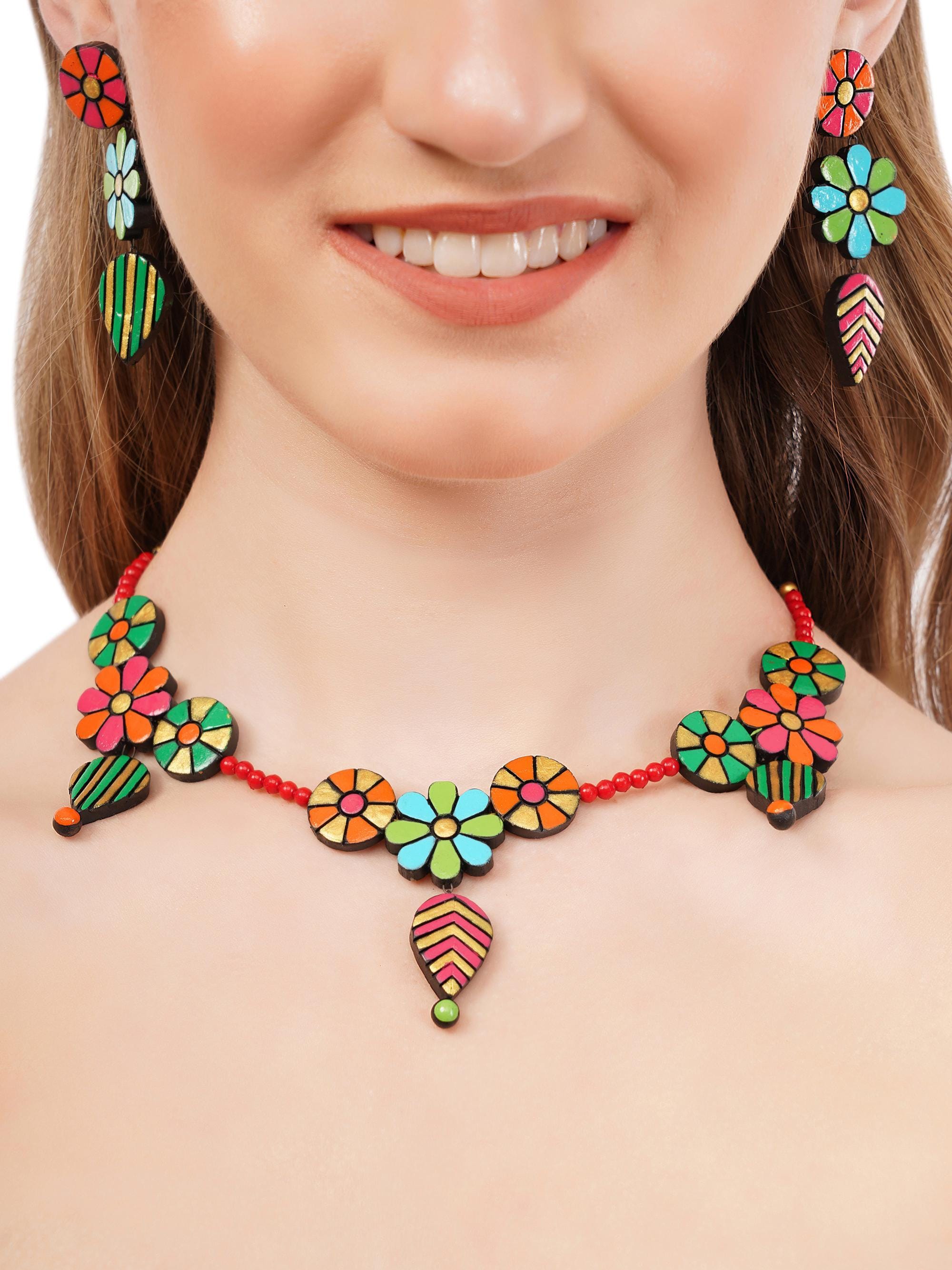 Floral Clay Boho Necklace & Dangle Earrings Set