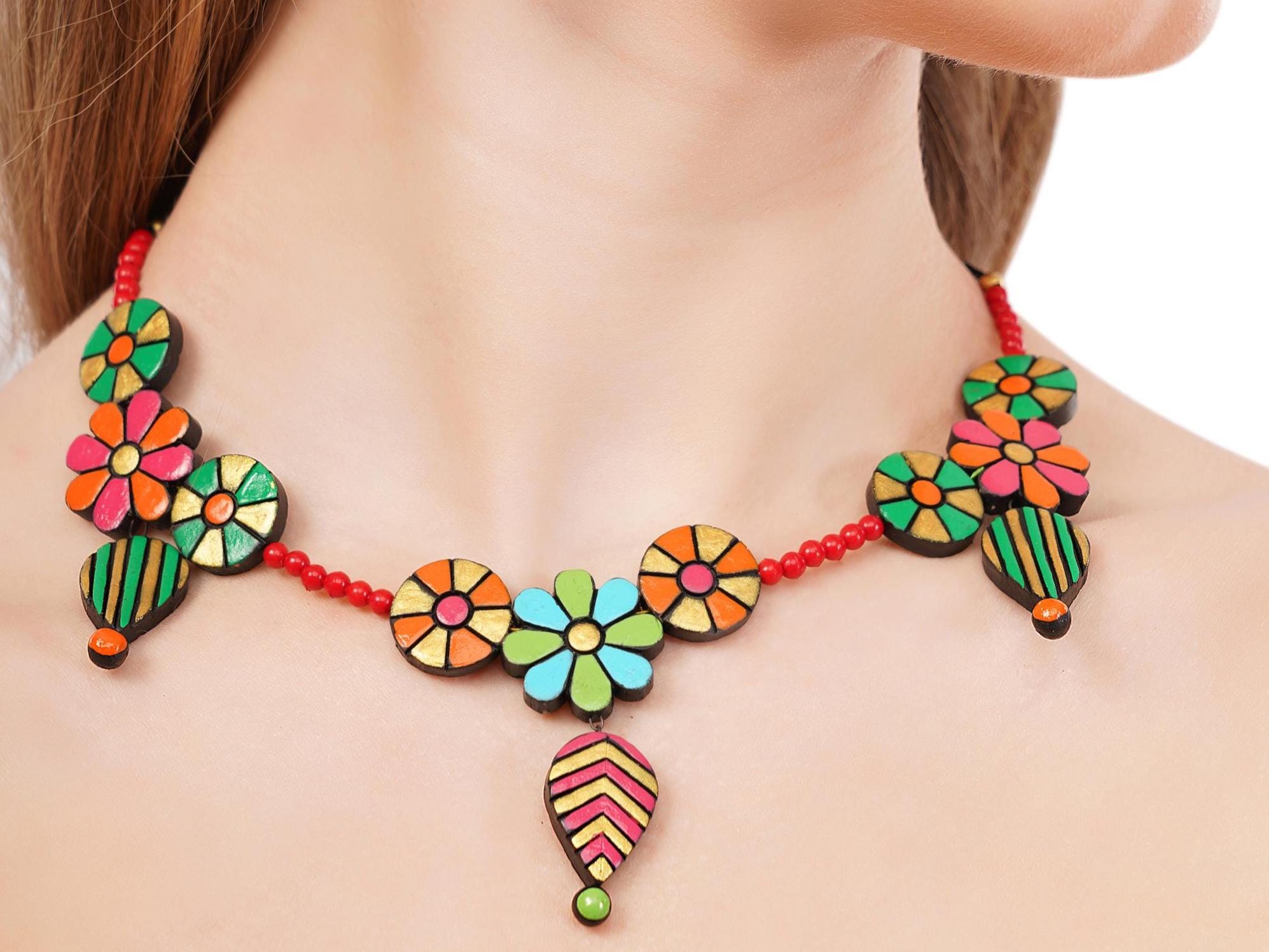 Floral Clay Boho Necklace & Dangle Earrings Set