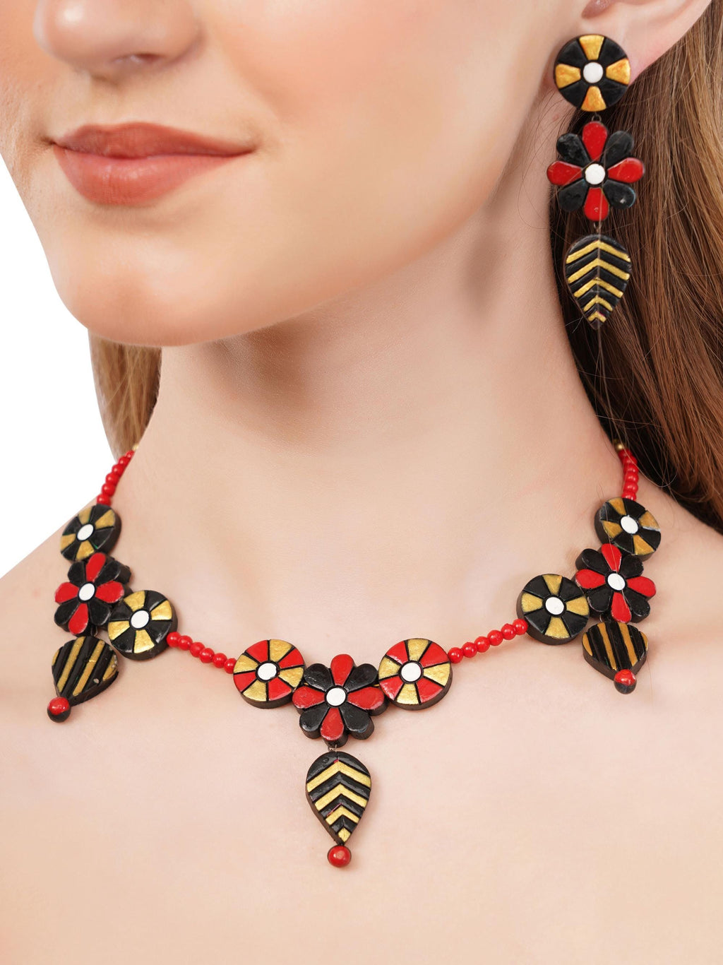 Floral Clay Boho Necklace & Dangle Earrings Set