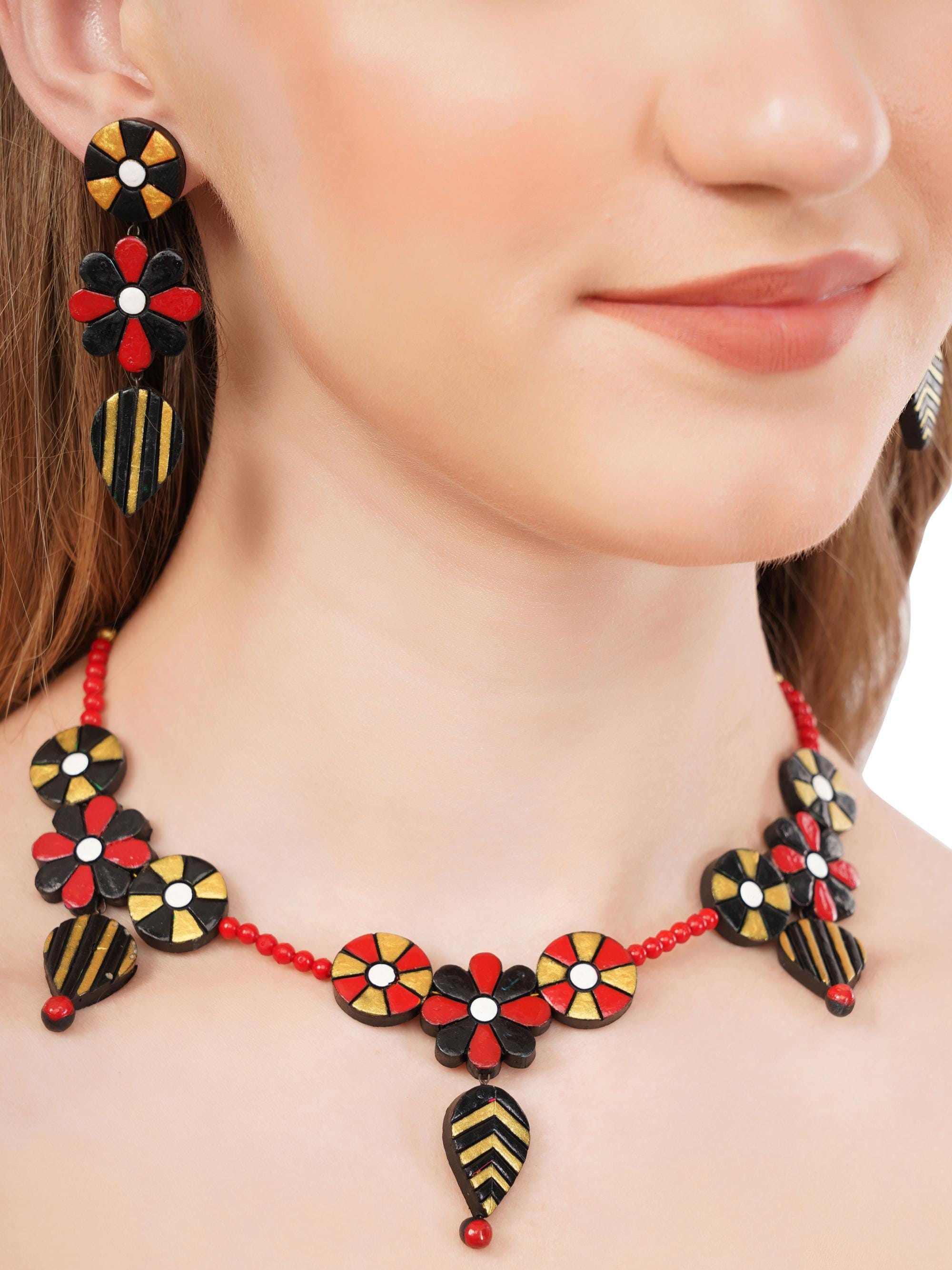 Floral Clay Boho Necklace & Dangle Earrings Set