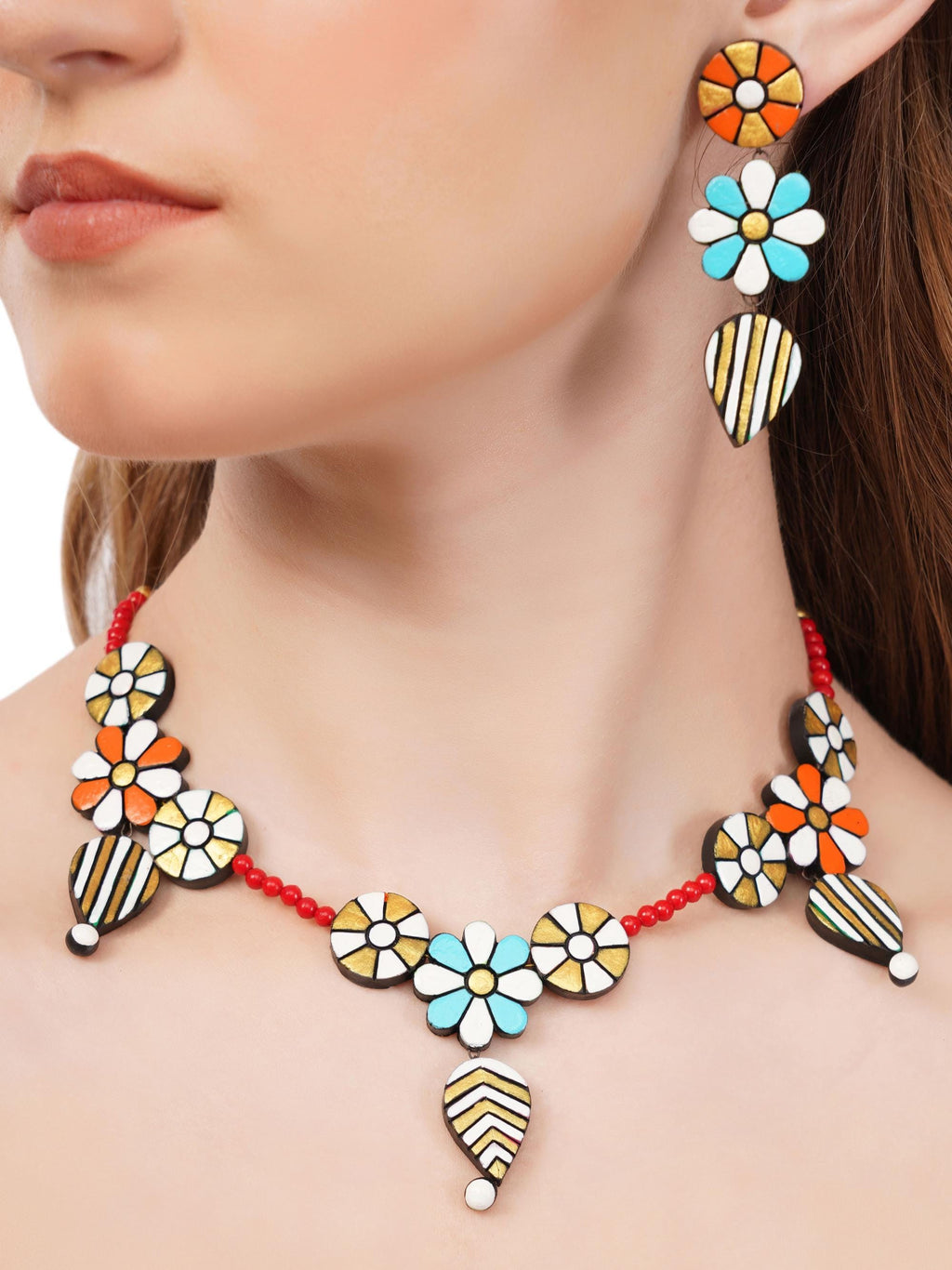 Floral Clay Boho Necklace & Dangle Earrings Set