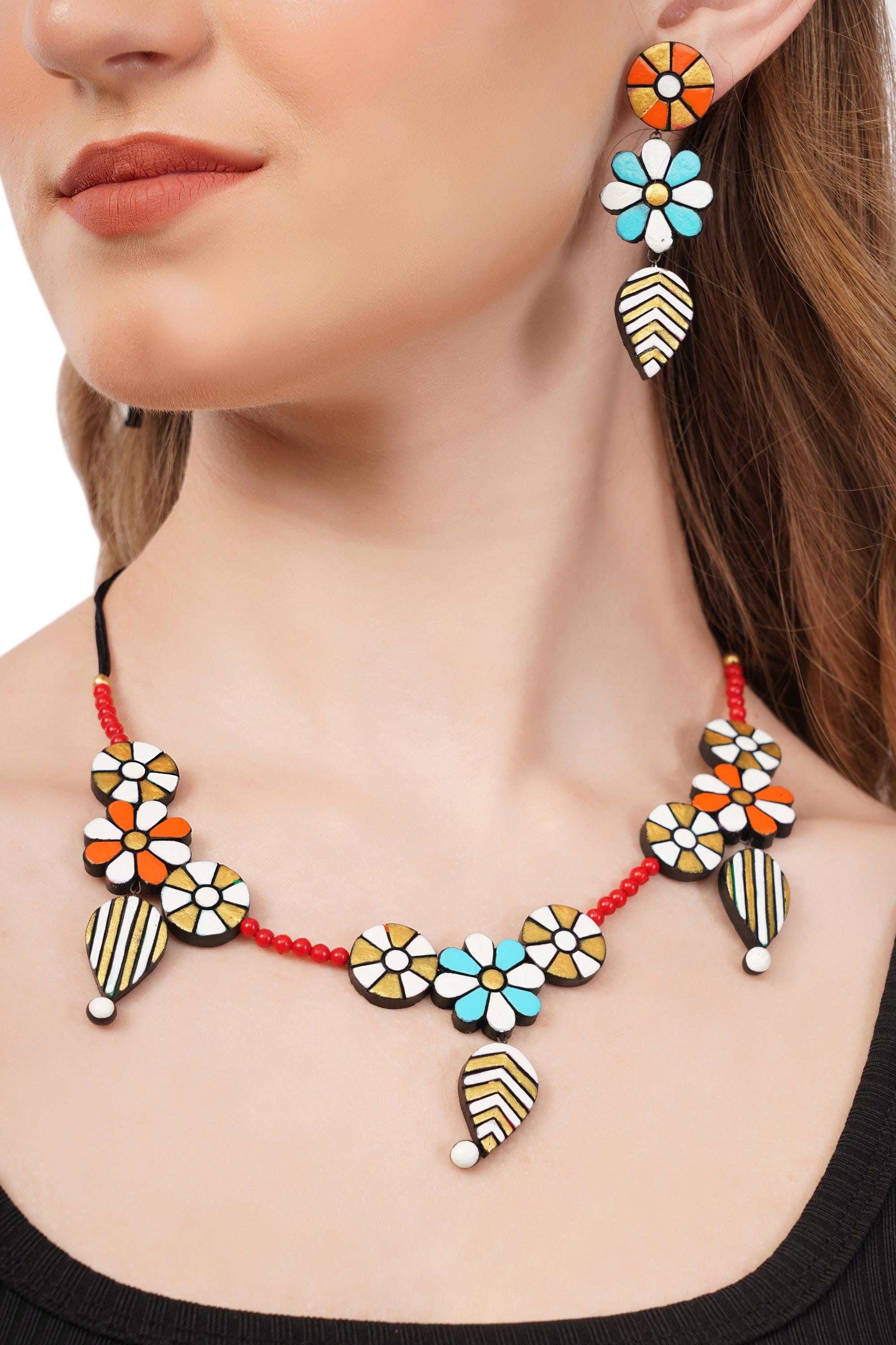 Floral Clay Boho Necklace & Dangle Earrings Set