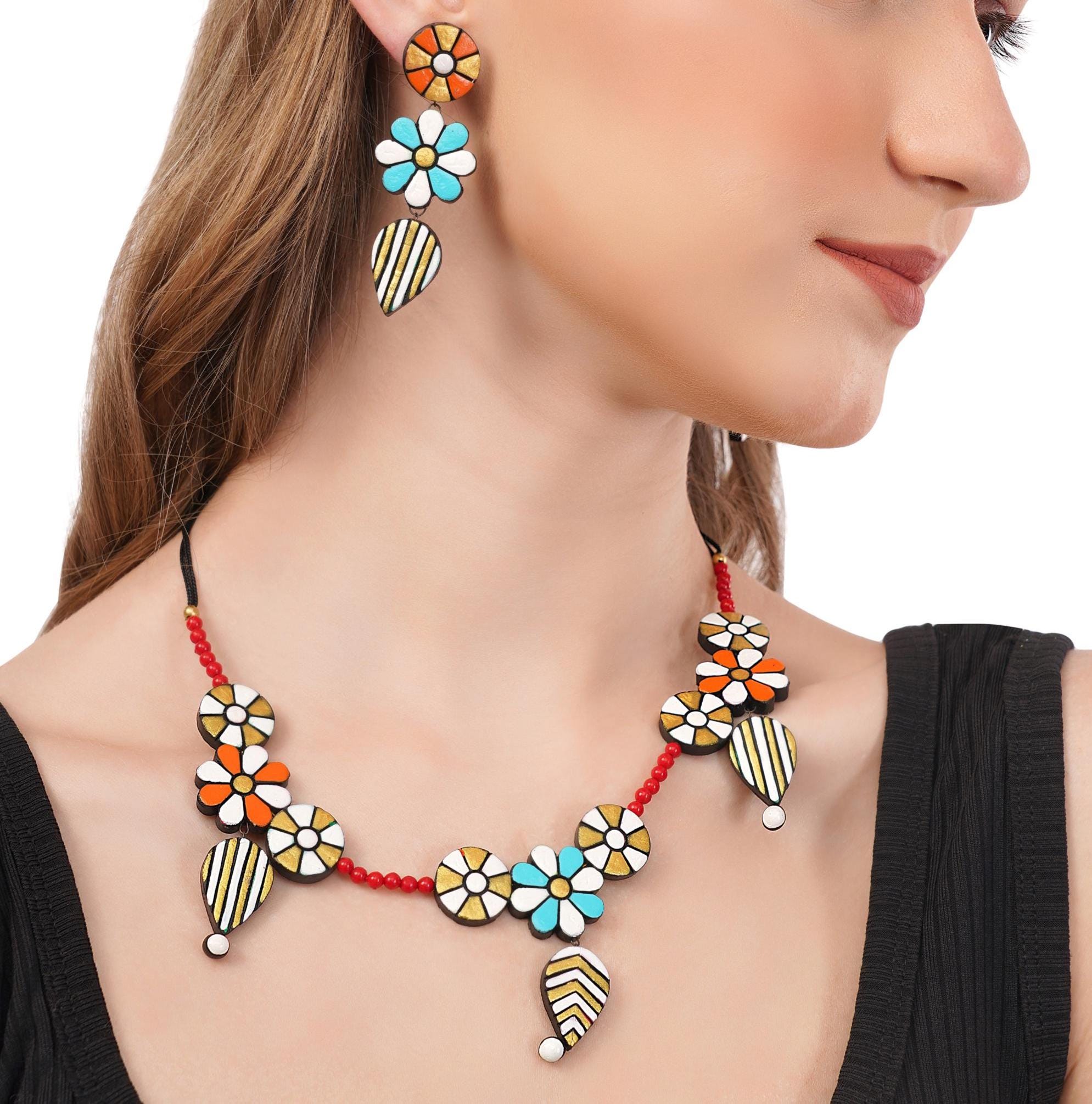 Floral Clay Boho Necklace & Dangle Earrings Set