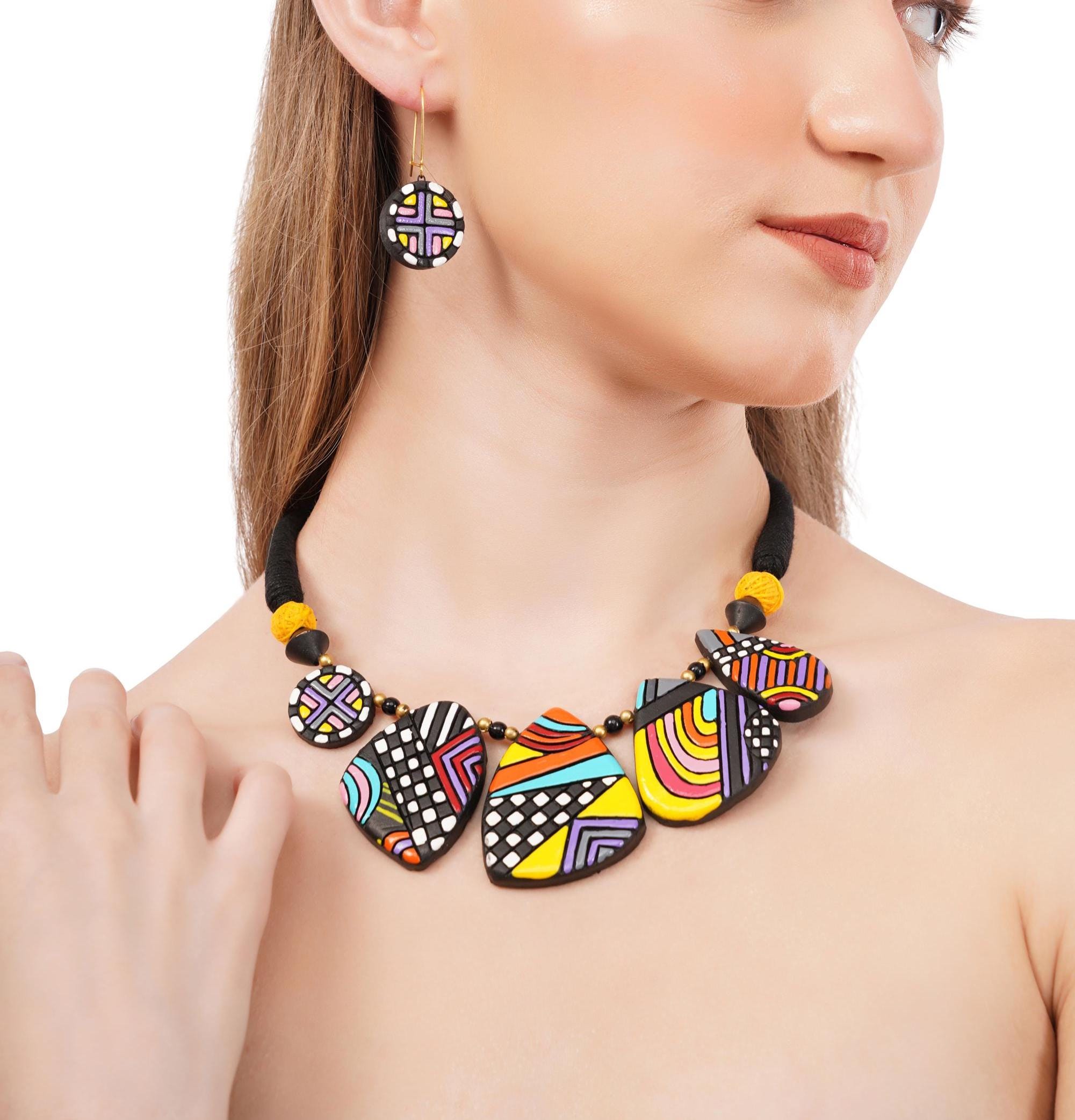 Boho Terracotta Clay Necklace & Earrings Set