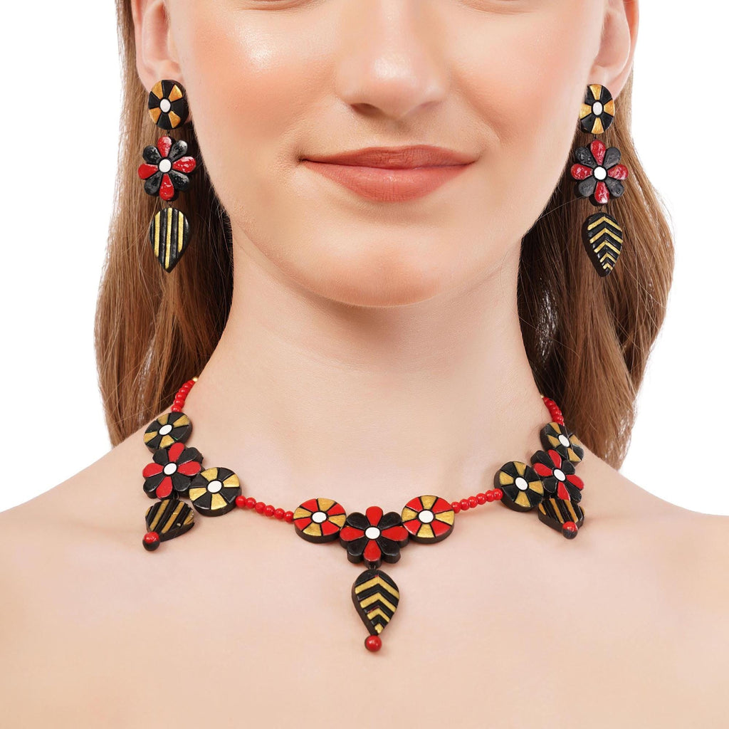 Floral Clay Boho Necklace & Dangle Earrings Set