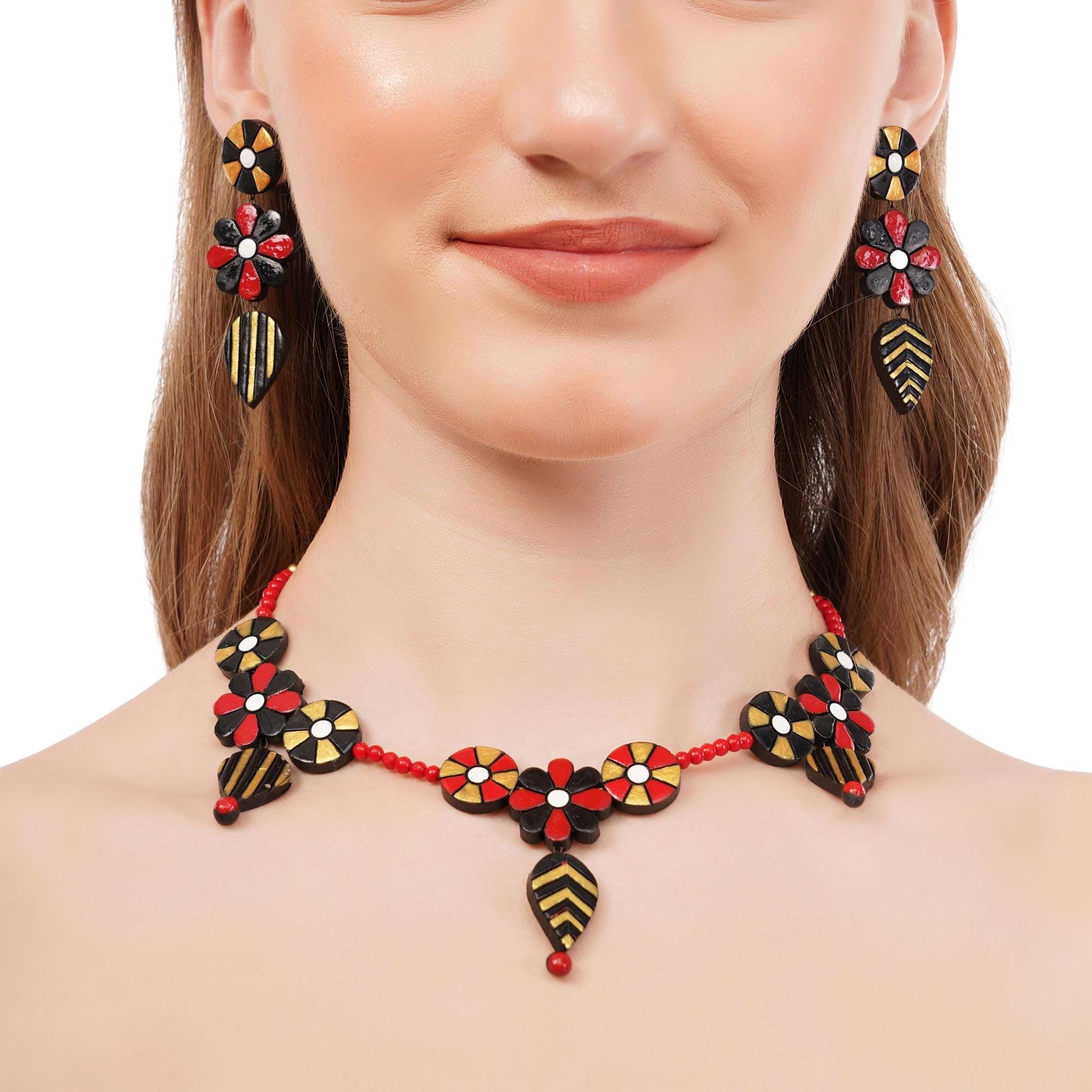 Floral Clay Boho Necklace & Dangle Earrings Set