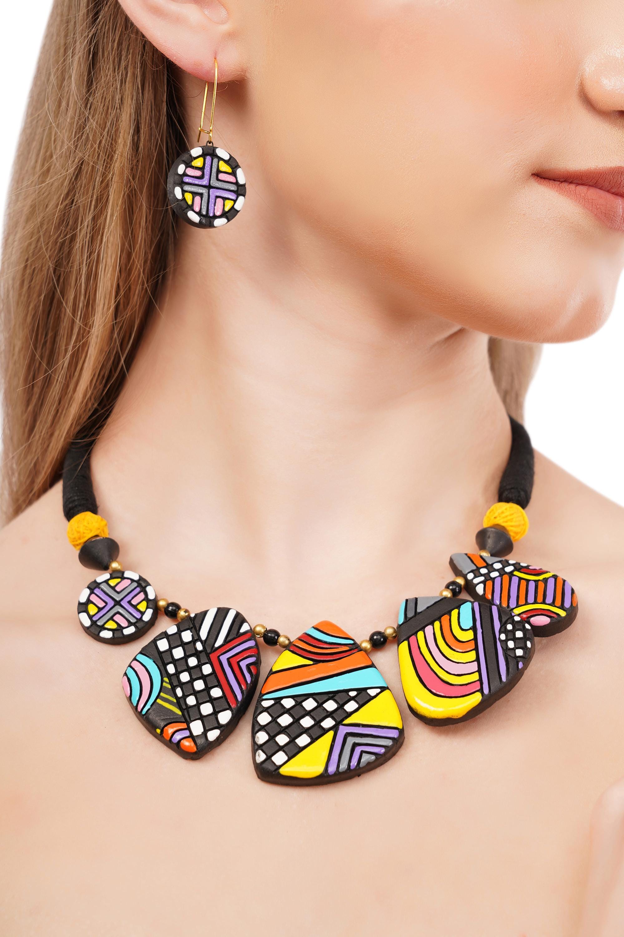 Boho Terracotta Clay Necklace & Earrings Set