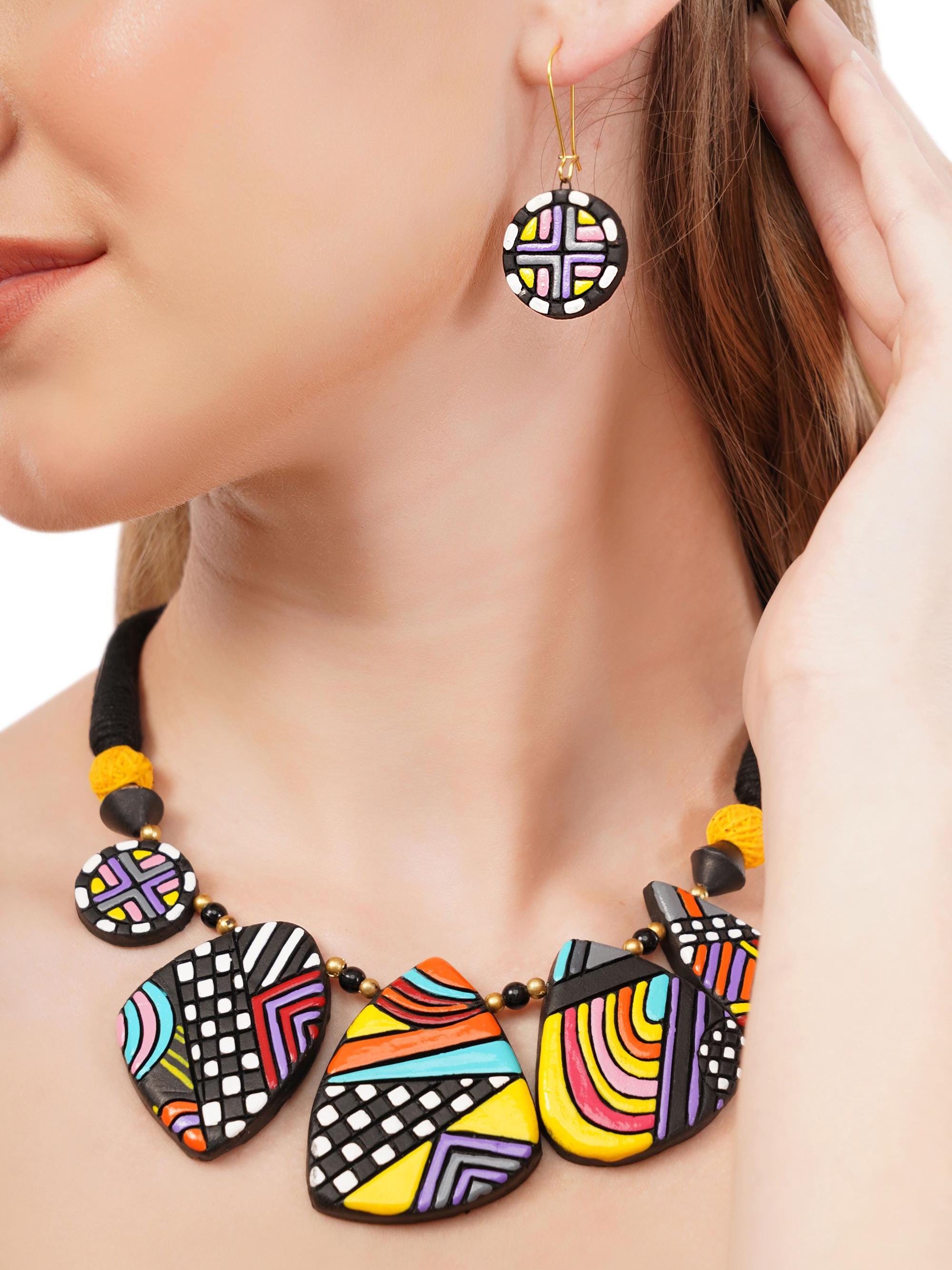 Boho Terracotta Clay Necklace & Earrings Set