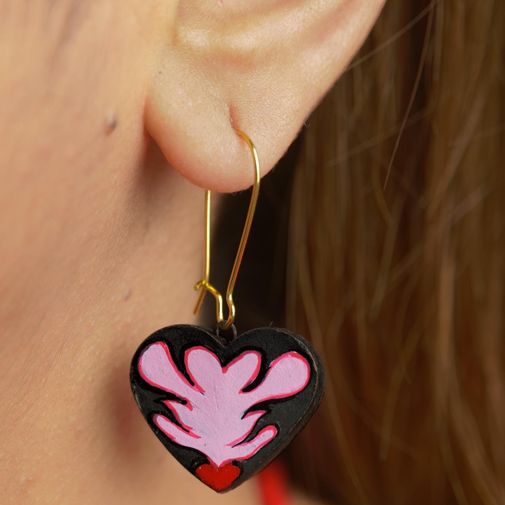Crimson Pulse: Hand-Painted Terracotta Heart Jewelry Set