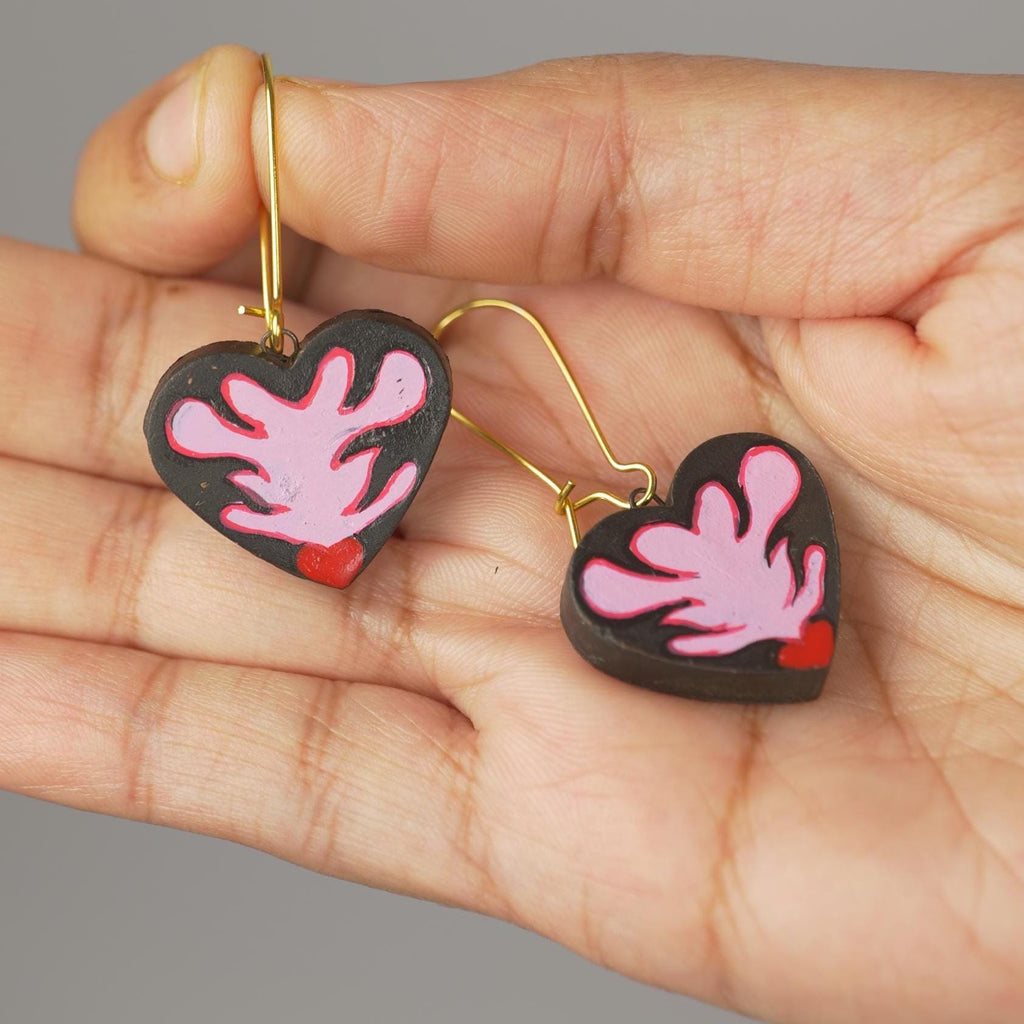 Crimson Pulse: Hand-Painted Terracotta Heart Jewelry Set
