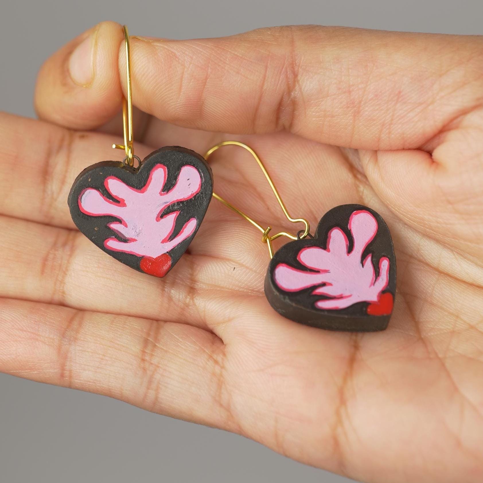 Crimson Pulse: Hand-Painted Terracotta Heart Jewelry Set