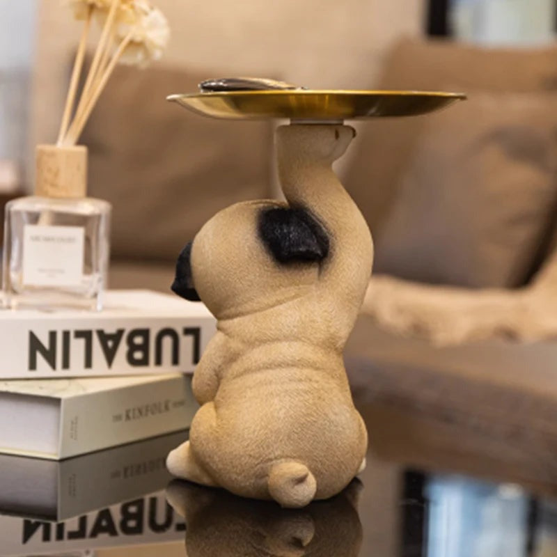 Decorative Pug Statue with Gold Tray