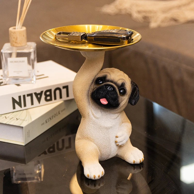 Decorative Pug Statue with Gold Tray