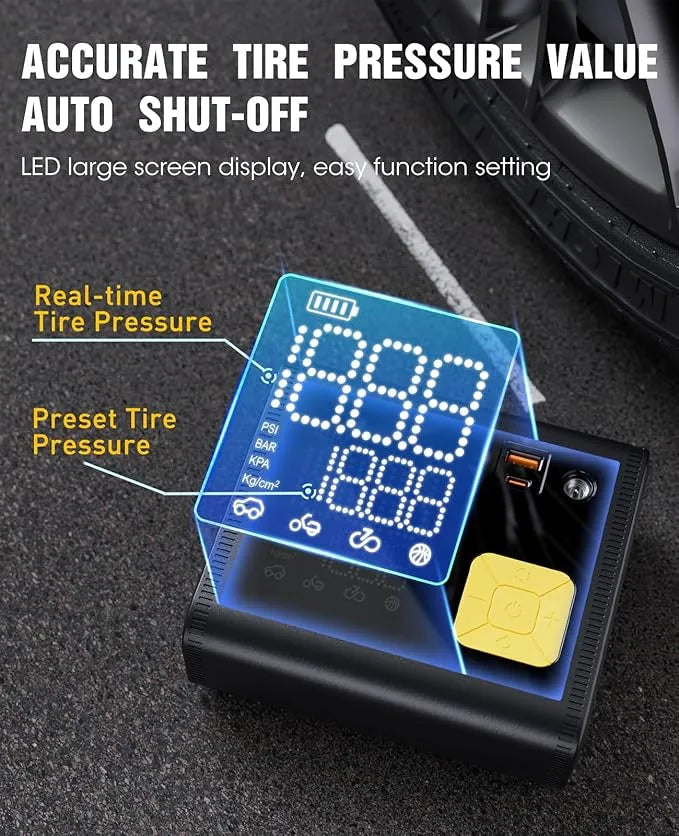 Portable Tire Inflator & Air Compressor — 20000mAh, 150 PSI with Digital Gauge