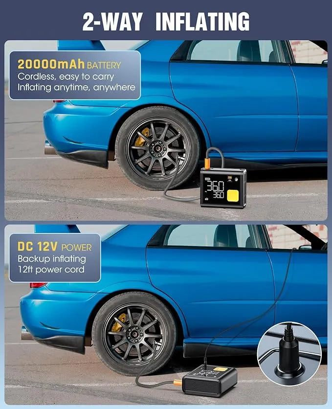 Portable Tire Inflator & Air Compressor — 20000mAh, 150 PSI with Digital Gauge