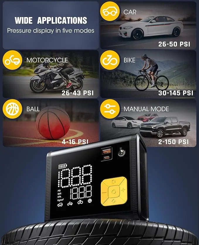 Portable Tire Inflator & Air Compressor — 20000mAh, 150 PSI with Digital Gauge